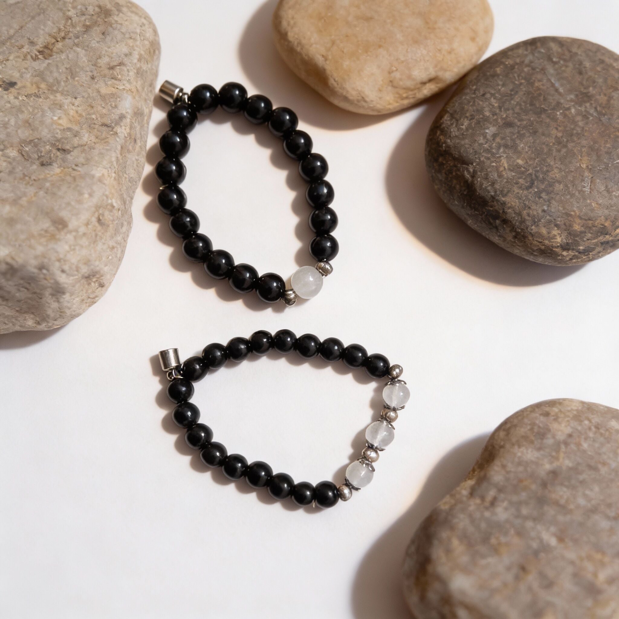 Black Obsidian & Clear Quartz Couple Bracelet Set
