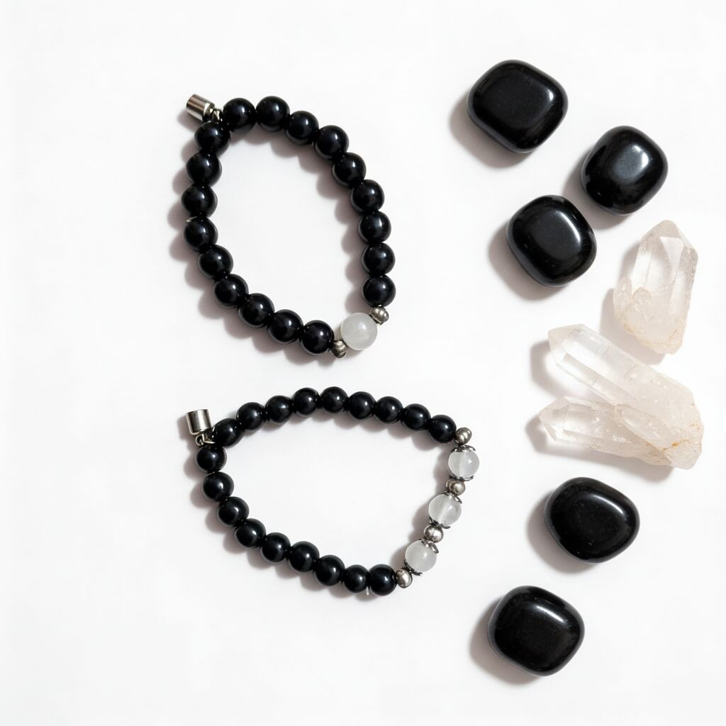 Black Obsidian & Clear Quartz Couple Bracelet Set