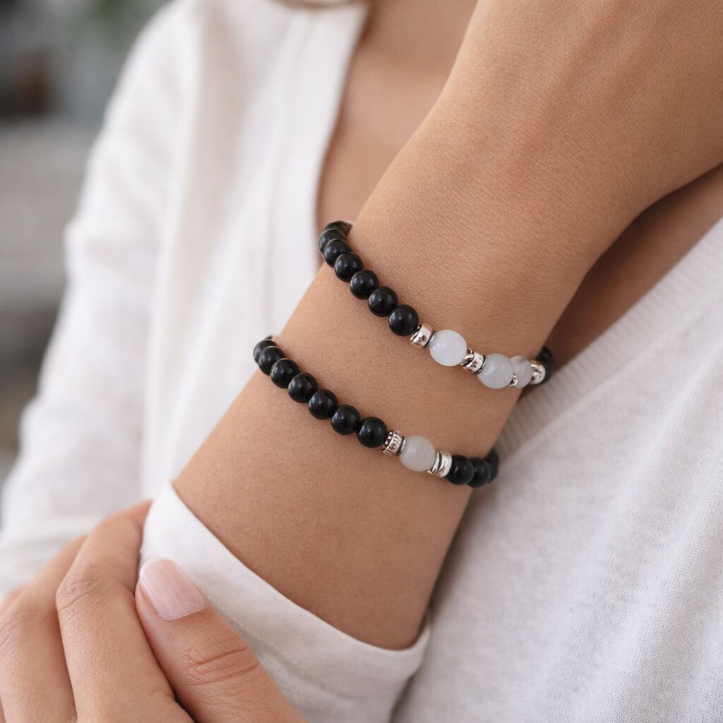 Black Obsidian & Clear Quartz Couple Bracelet Set