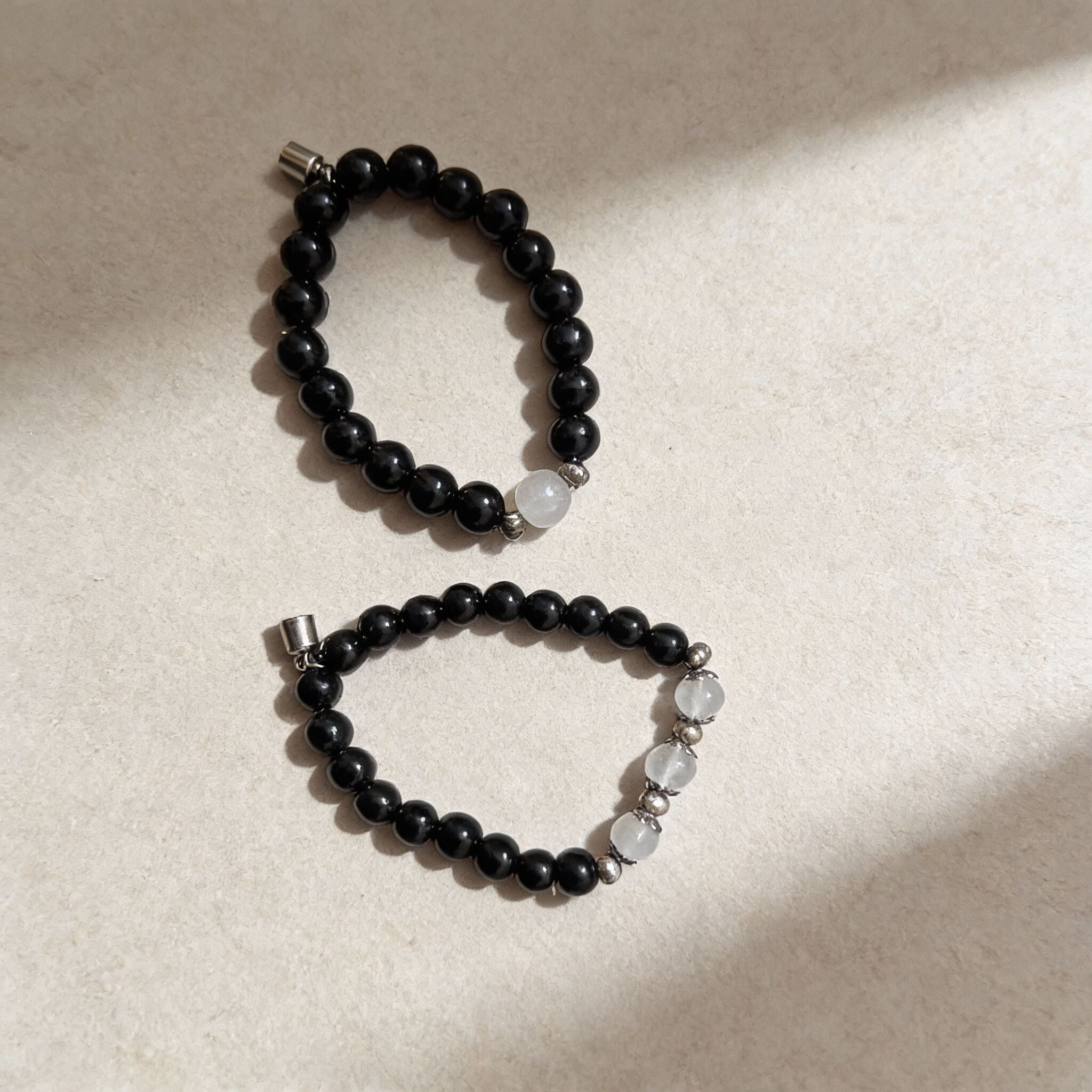Black Obsidian & Clear Quartz Couple Bracelet Set