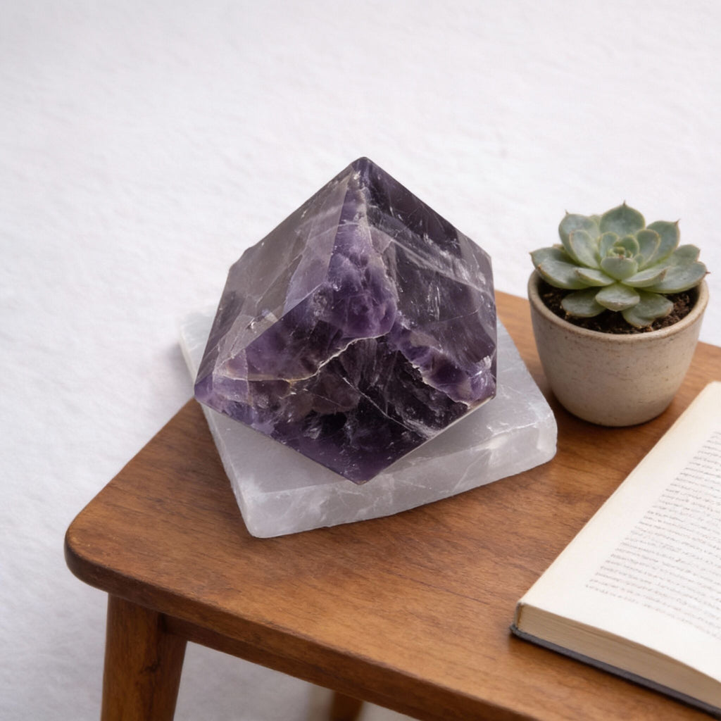Amethyst Polished Cube & Selenite Charging Plate Decor Set
