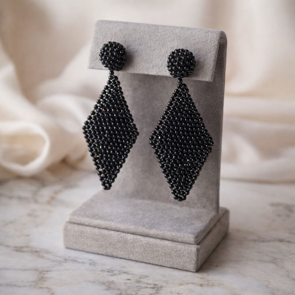 Black Spinel Earrings | Artisan Faceted Drop & Shield