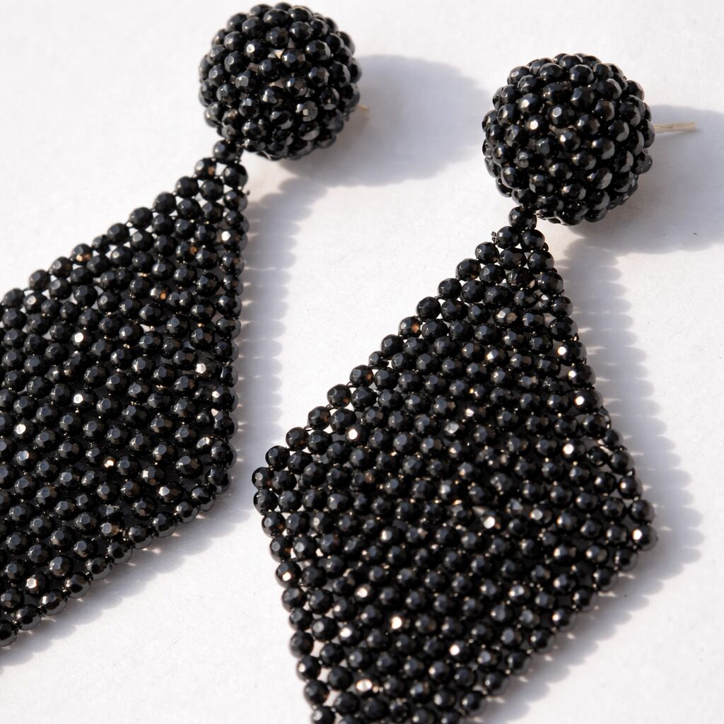 Black Spinel Earrings | Artisan Faceted Drop & Shield