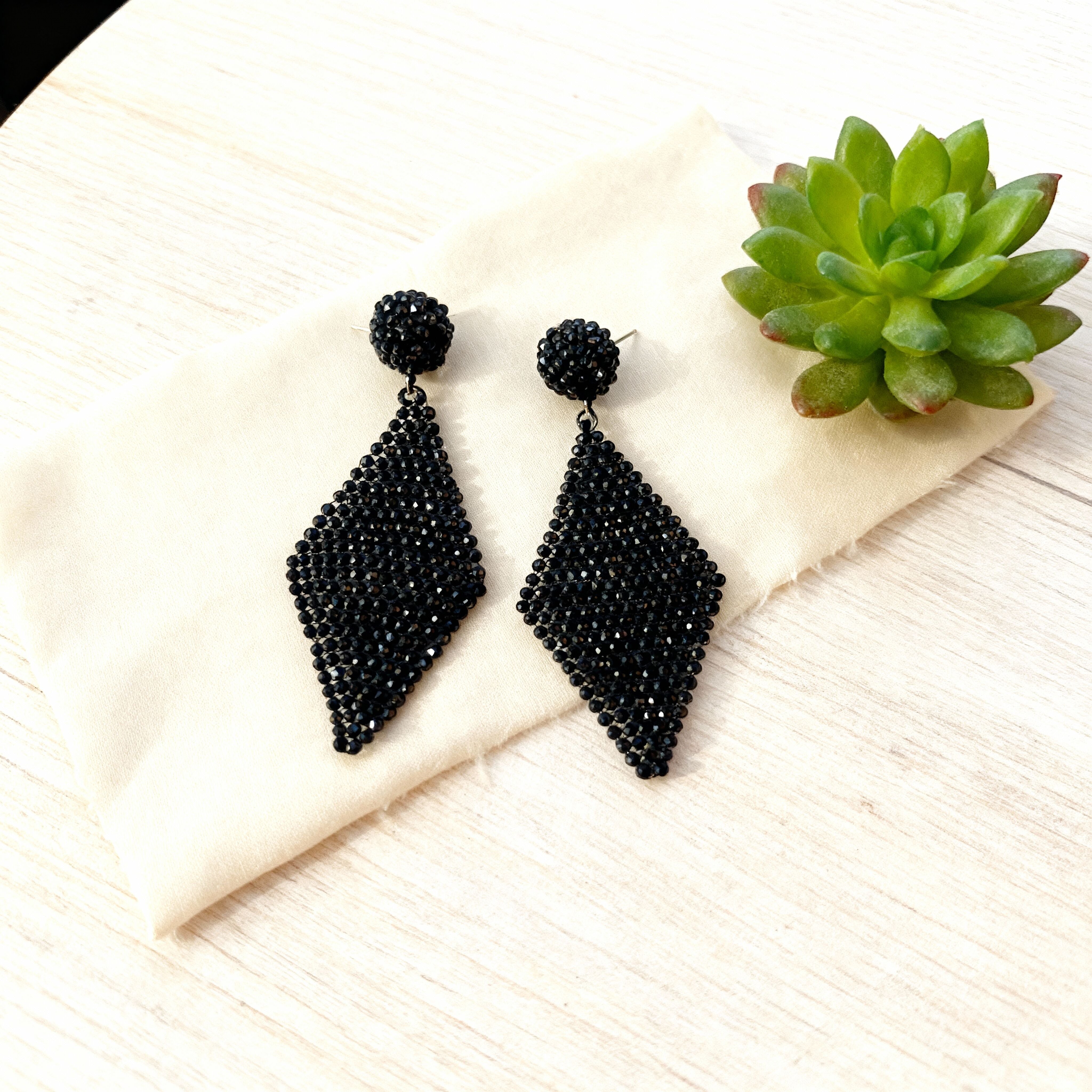 Black Spinel Earrings | Artisan Faceted Drop & Shield Main image