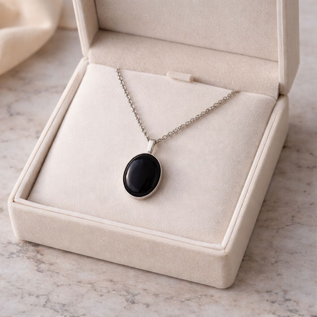 Black Onyx Oval Pendant | Silver Tone Grounding Chain Main image