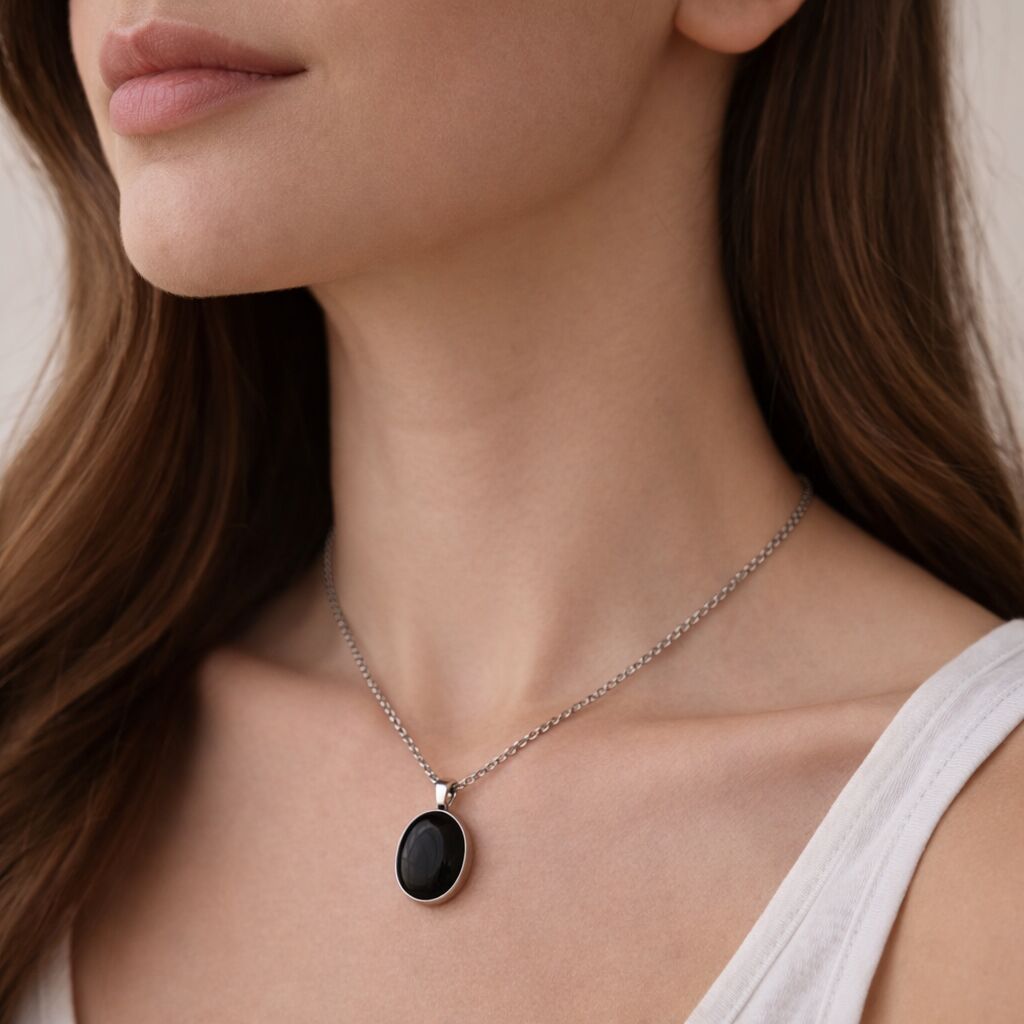 Black Onyx Oval Pendant | Silver Tone Grounding Chain