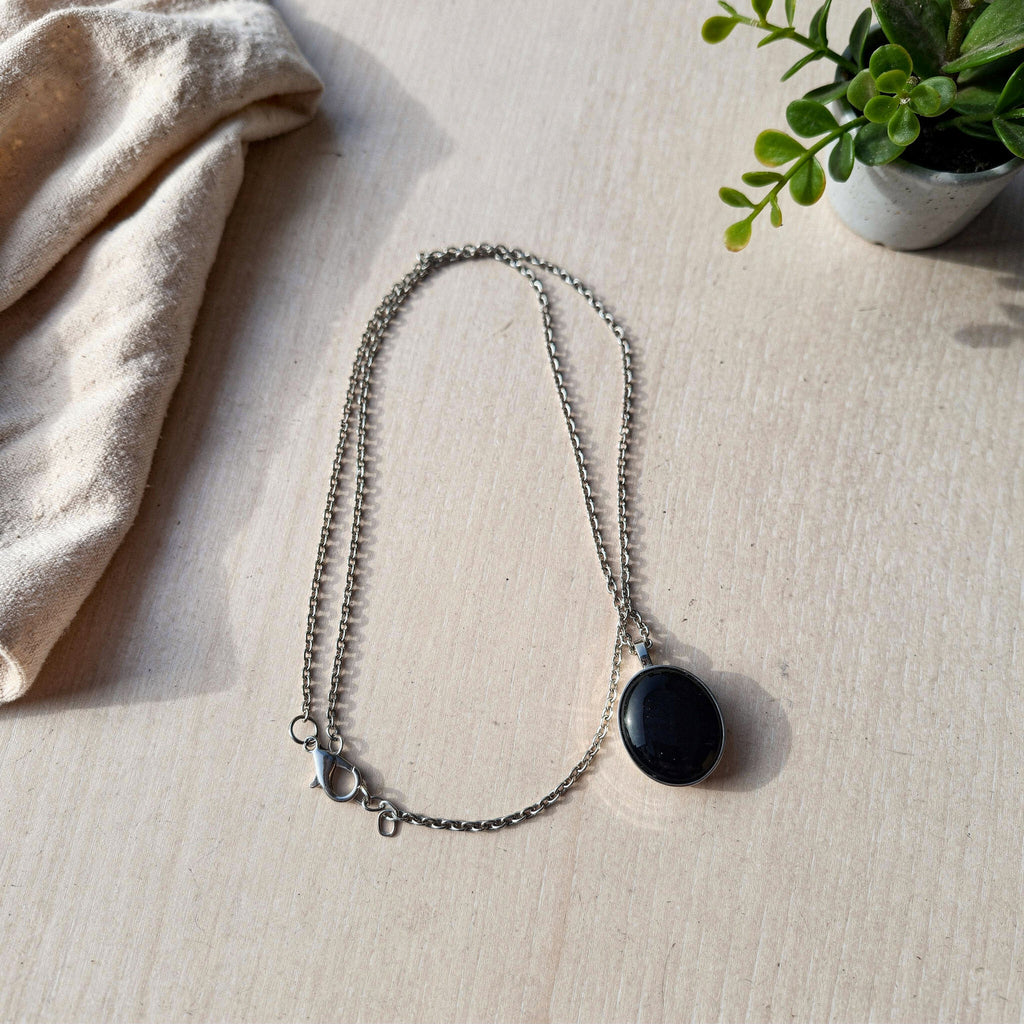 Black Onyx Oval Pendant | Silver Tone Grounding Chain