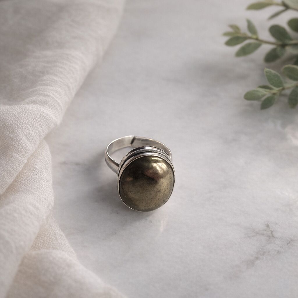 Pyrite Oval Ring | Silver Tone Abundance & Willpower