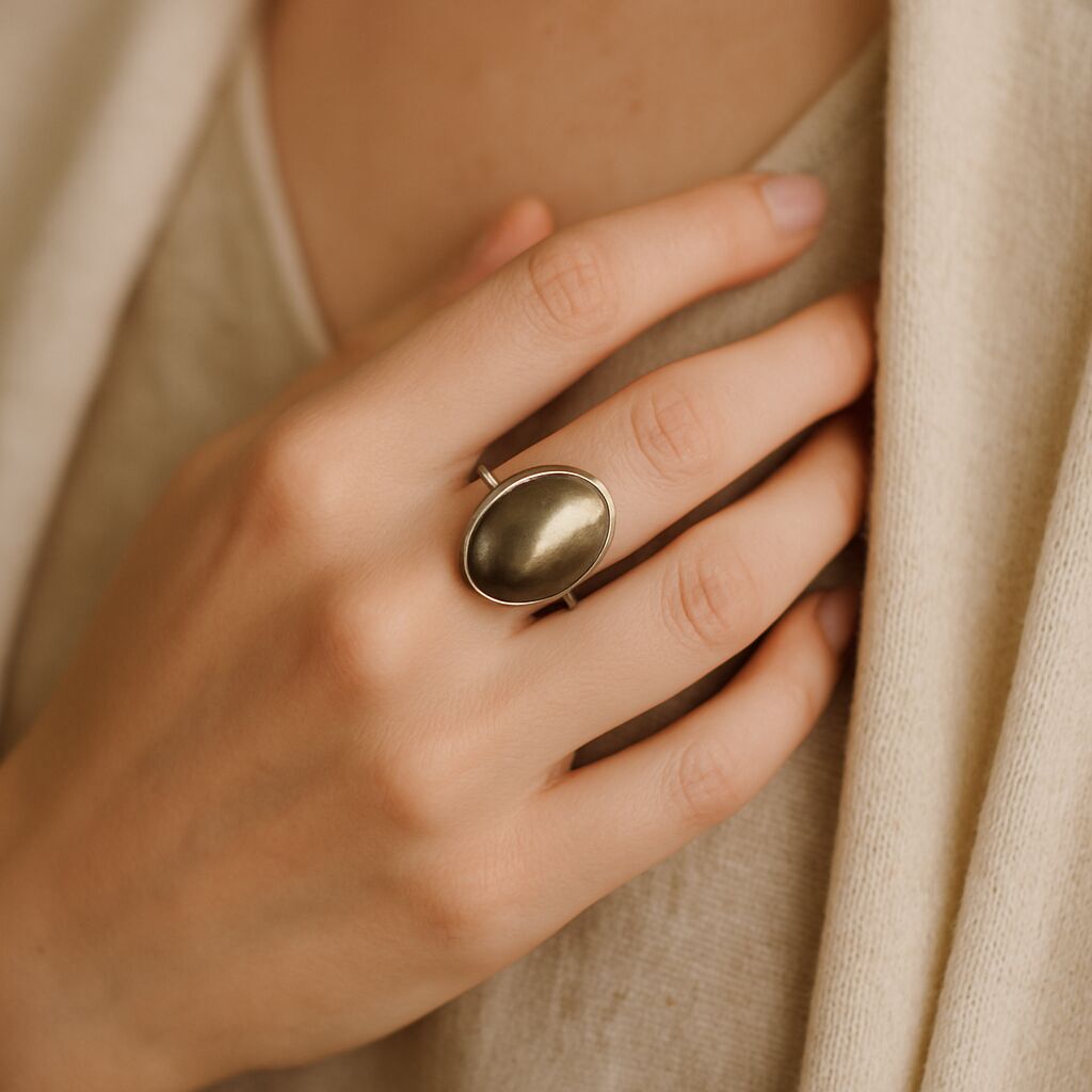 Pyrite Oval Ring | Silver Tone Abundance & Willpower