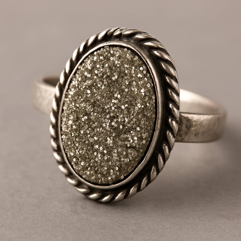 Afrtisan Crafted Pyrite Oval Ring in Brass Metal with Silver Tone Finishing Main image