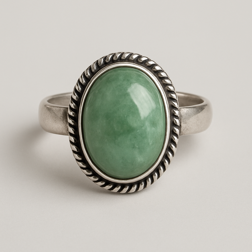 Afrtisan Crafted Green Aventurine Oval Ring in Brass Metal with Silver Tone Finishing Main image