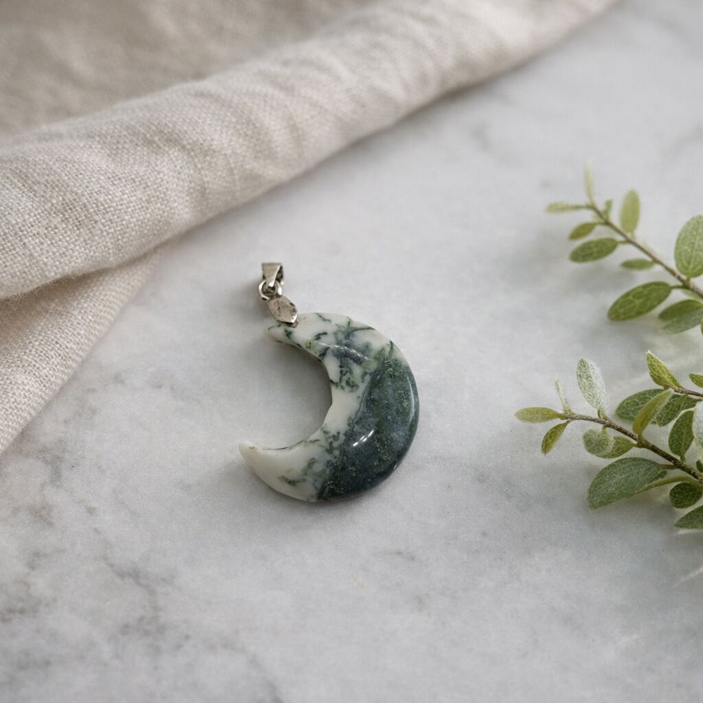 Moss Agate Moon Necklace | Renewal & Intuition