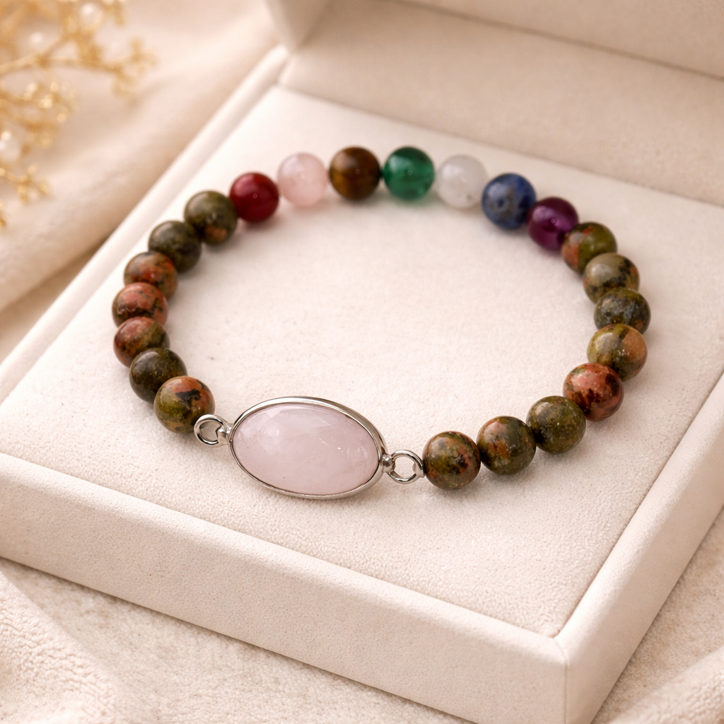 Seven Chakra Unakite Balls with Rose Quartz Centre Bracelet Main image