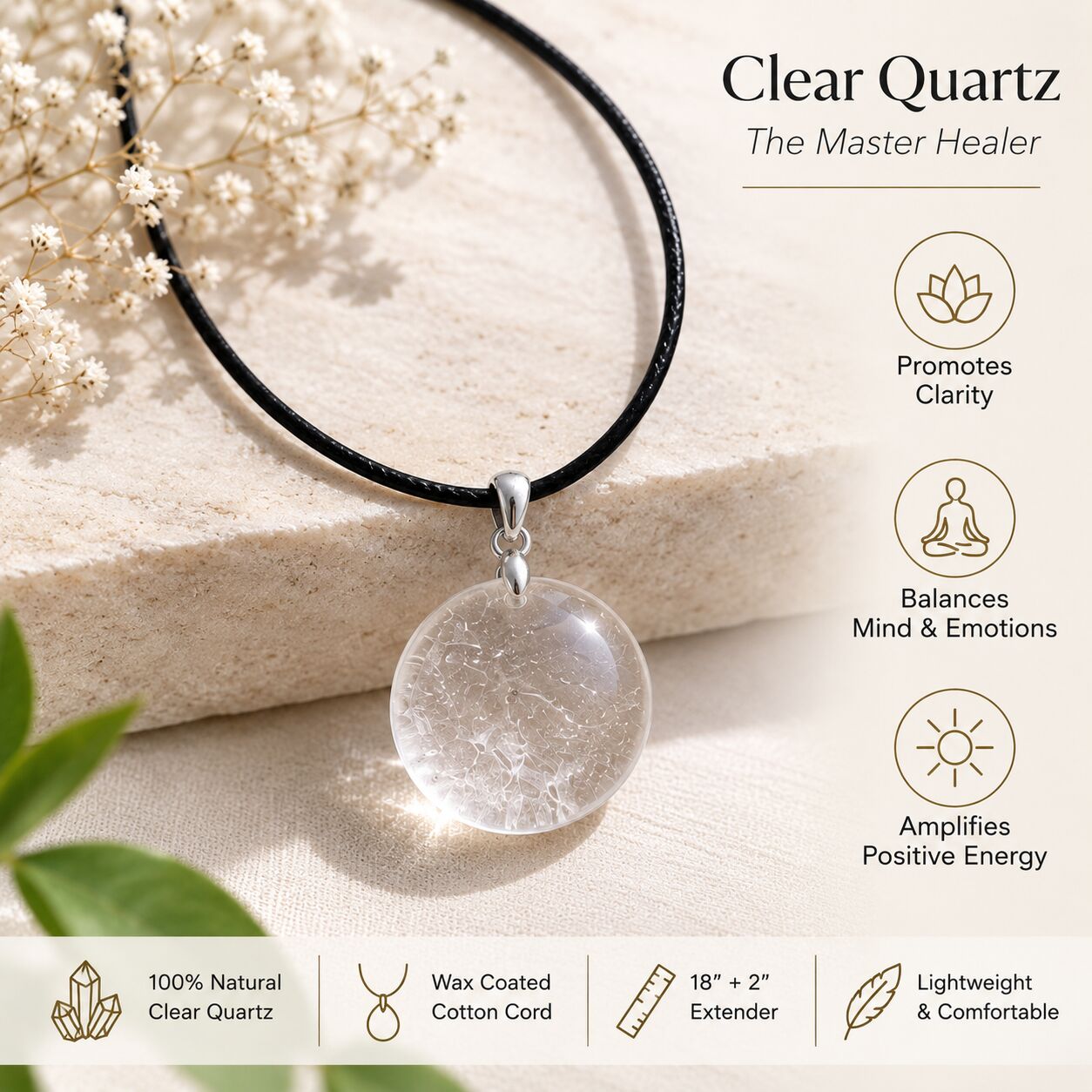 Clear Quartz Coin Pendant with Wax Cotton Chord