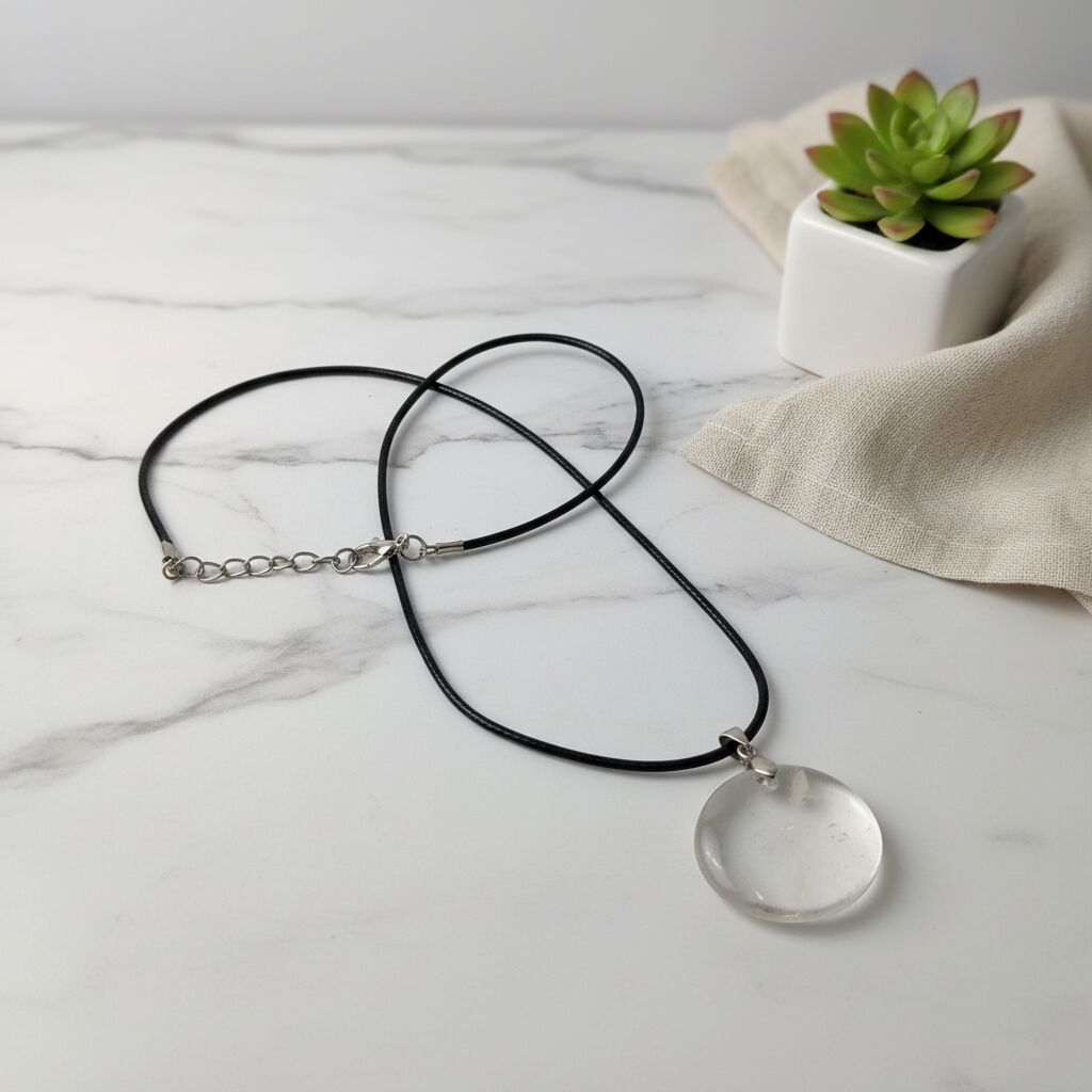 Clear Quartz Coin Pendant with Wax Cotton Chord