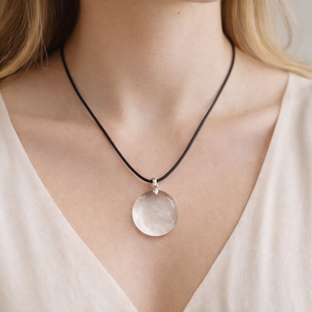 Clear Quartz Coin Pendant with Wax Cotton Chord