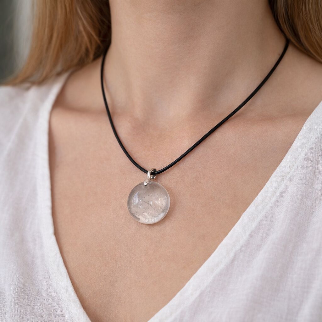 Clear Quartz Coin Pendant with Wax Cotton Chord