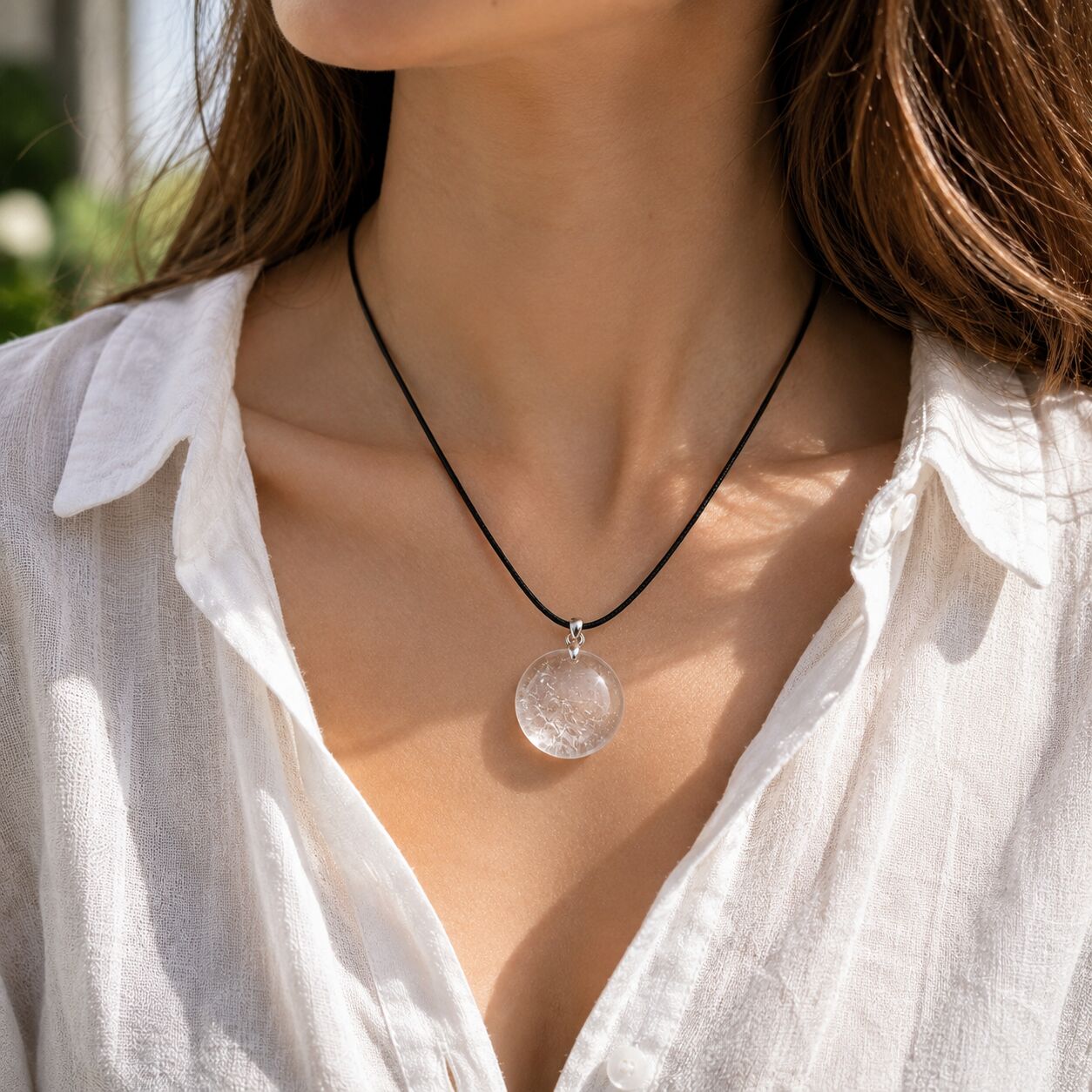 Clear Quartz Coin Pendant with Wax Cotton Chord Secondary image