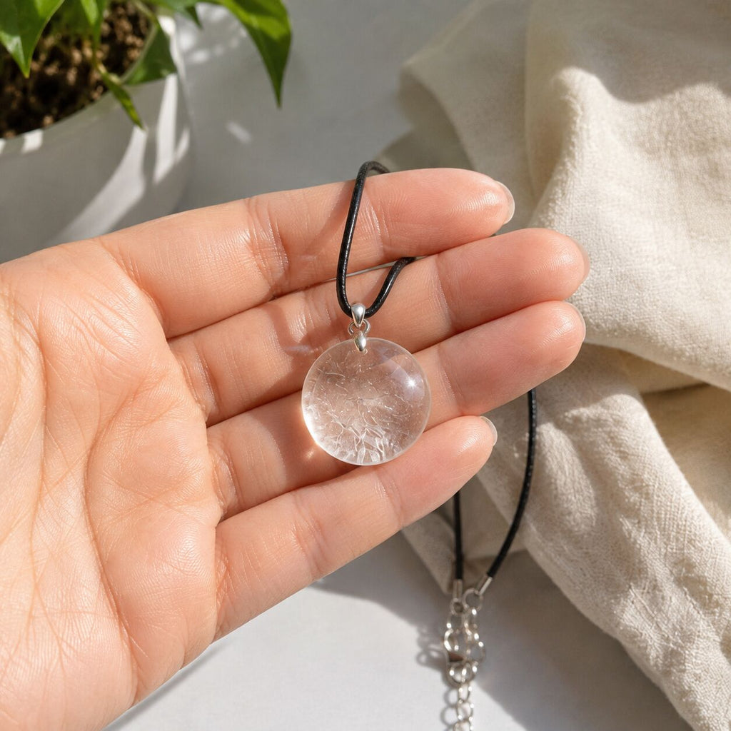 Clear Quartz Coin Pendant with Wax Cotton Chord