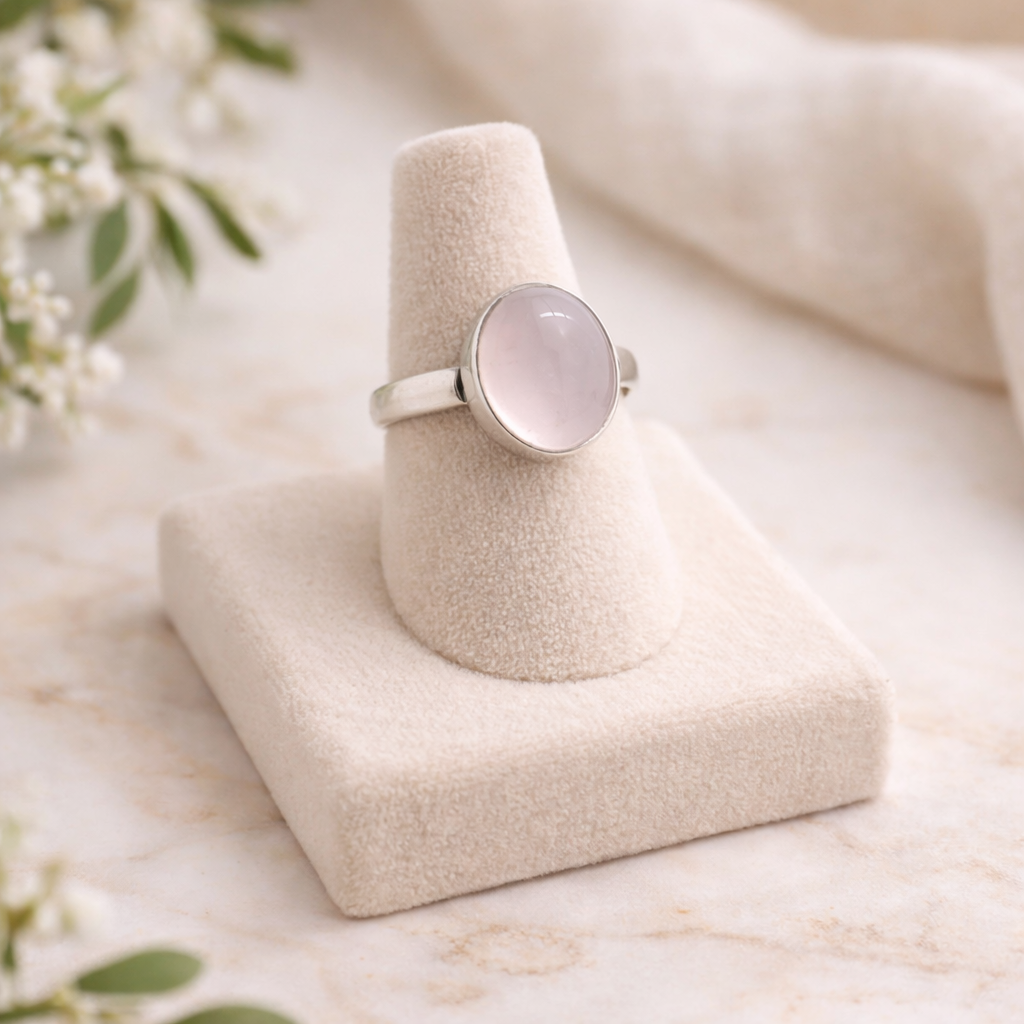 Rose Quartz Oval Ring in Artisan Crafted Silver Tone Secondary image
