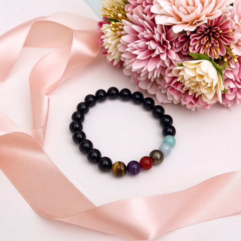 Black Agate & Chakra Bracelet | Balance & Protection Main image
